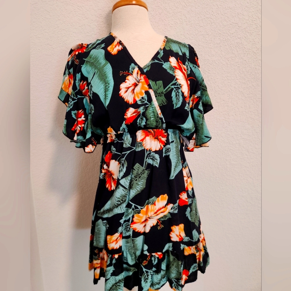 Tropical Floral Wrap Dress with Ruffle Sleeves